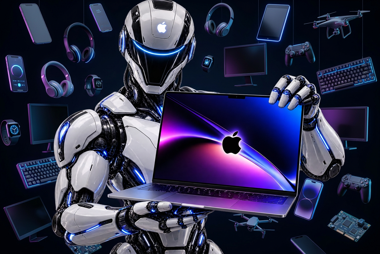 Robô futurista segurando notebook cercado por eletrônicos